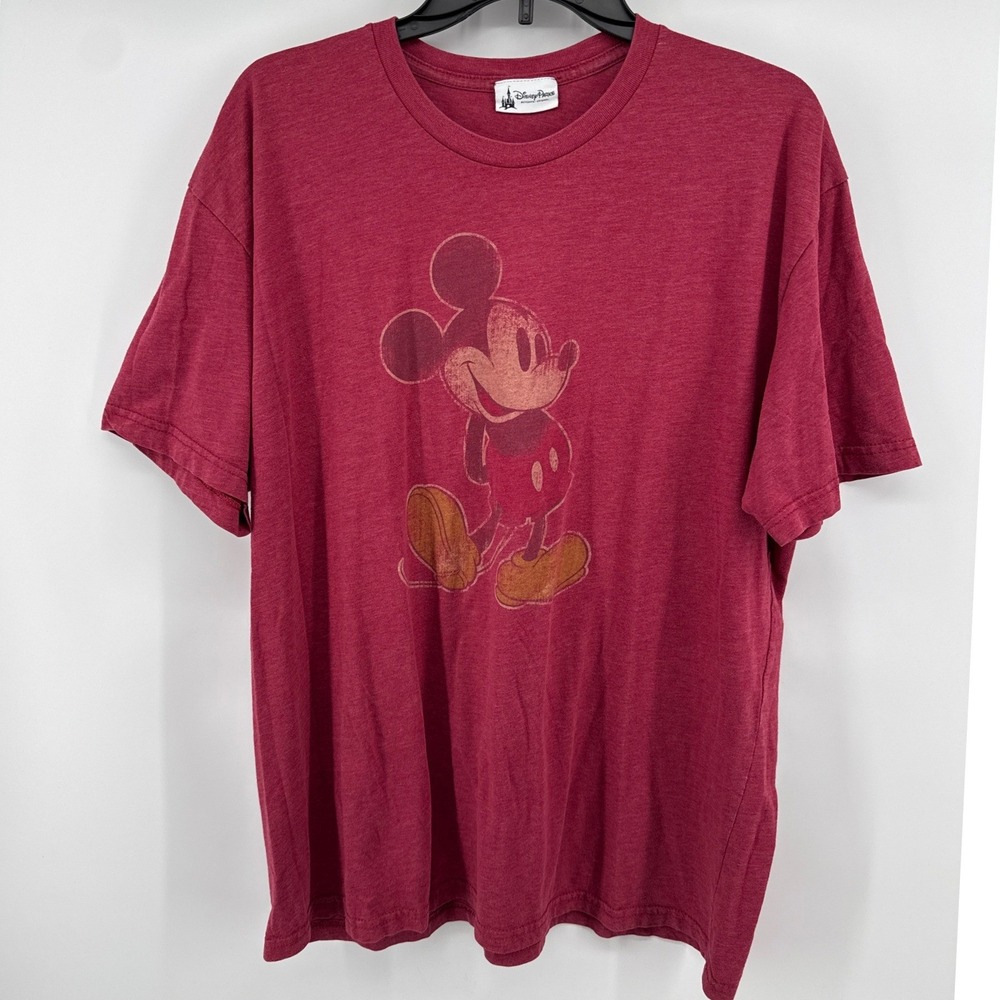 Disney Parks Mens Mickey Mouse Graphic T-Shirt Burgundy Red XXL Distressed Print